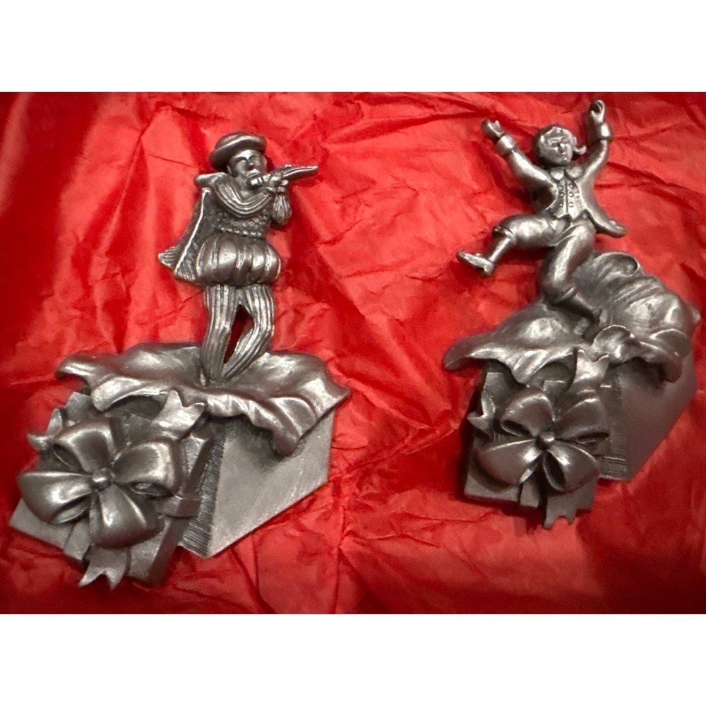 2pc Vtg Pure Pewter Miniature Christmas Ornaments Stamped Hallmarked T Shield